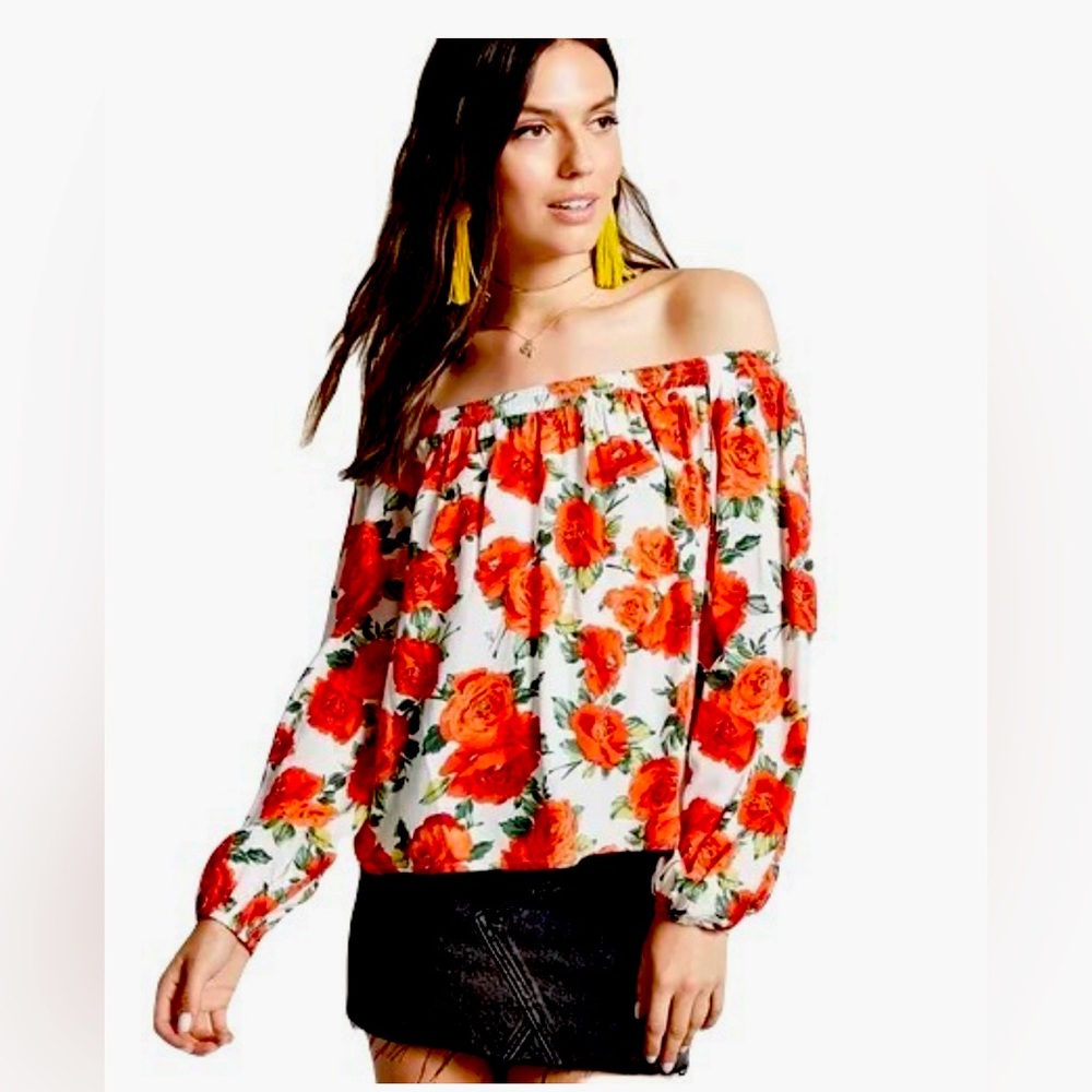 Forever 21 Rose Floral Print Off-the-Shoulder Flowy Top – White/Red – Size S/M